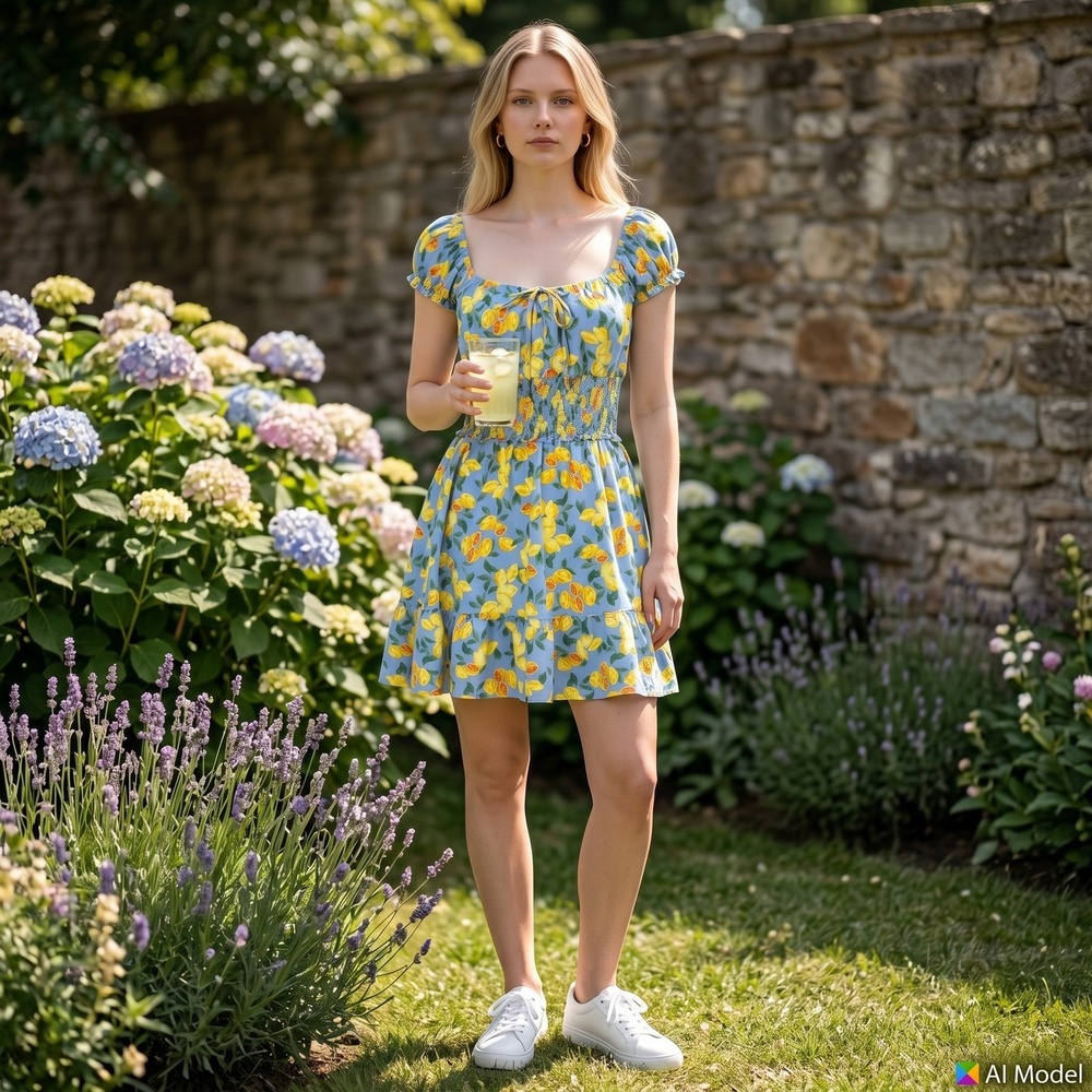 As U Wish Mini Dress Womens XL Blue Lemon Print Smocked Waist Cottagecore Summer